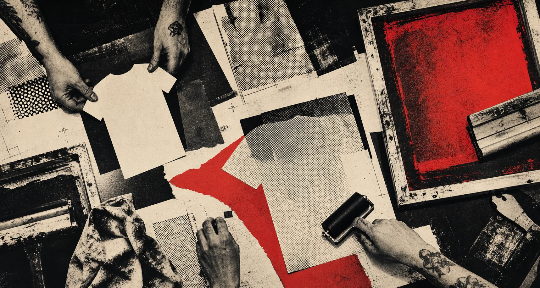 Hands arranging garment shapes and screen-print materials on a studio table