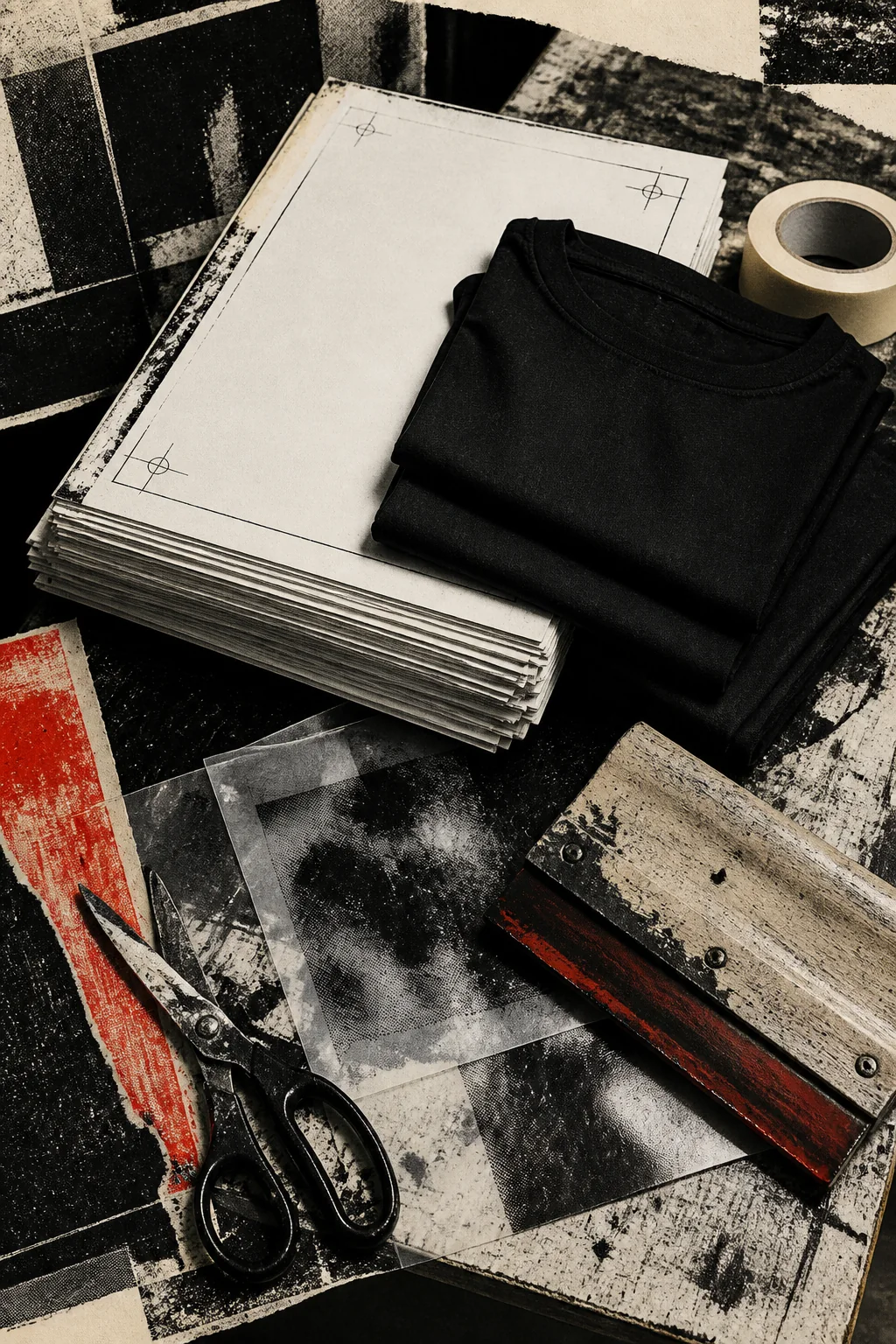 Blank garments, print proofs and production tools arranged on a studio table